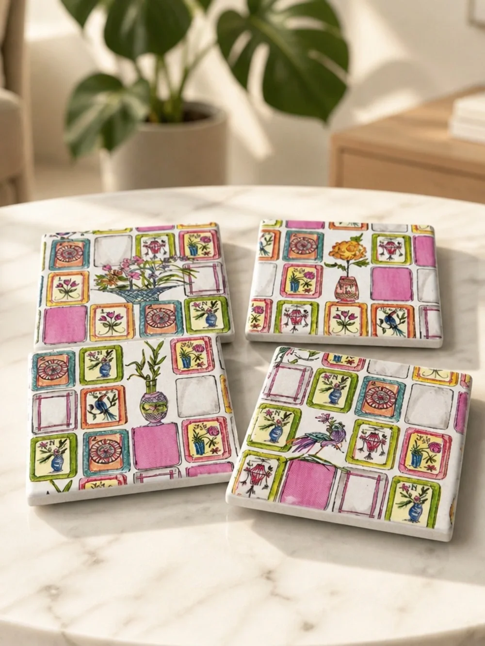Set of 4 Colorful Mahjong Ceramic Coasters